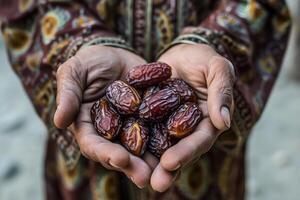 ai gerado mãos segurando datas fruta Comida para pausa velozes foto