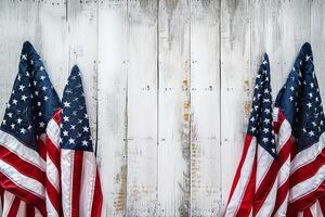 ai gerado feliz veteranos dia conceito. americano bandeiras contra branco de madeira fundo foto