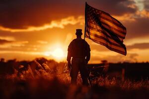 ai gerado silhueta do soldado com EUA bandeira contra a pôr do sol foto