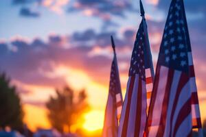 ai gerado americano bandeiras com texto veteranos dia honrando todos quem servido em pôr do sol fundo foto