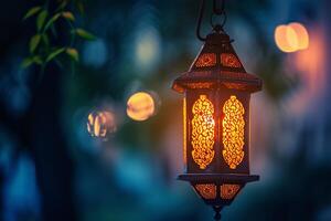 ai gerado árabe lanterna dentro a noite. Ramadã conceito foto