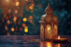 ai gerado ouro Ramadã lanterna e velas. luminária com árabe decoração foto