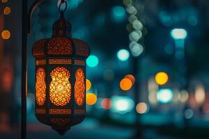 ai gerado lanterna dentro a cidade às noite, Ramadã kareem conceito foto