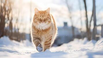 ai gerado vermelho gato anda em dentro inverno. neural rede ai gerado foto