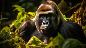 ai gerado uma costas prateadas montanha gorila dentro uma floresta tropical. neural rede ai gerado foto