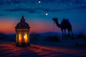 ai gerado lanterna dentro a deserto às noite com camelo, Ramadã kareem bandeira fundo conceito foto