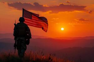 ai gerado silhueta do soldado com EUA bandeira contra a pôr do sol foto