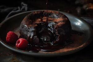 ai gerado delicioso fresco fundente com quente chocolate e hortelã em Preto mesa. neural rede ai gerado foto