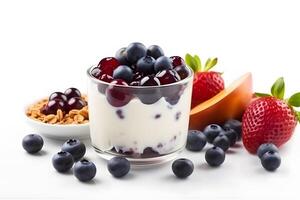 ai gerado saudável café da manhã, natural iogurte com fresco bagas e muesli. neural rede ai gerado foto