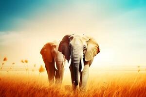 ai gerado rebanho do elefantes dentro África caminhando através a grama. neural rede ai gerado foto
