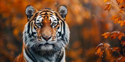 ai gerado majestoso Bengala tigre retrato com intenso olhar entre outono folhas, exibindo animais selvagens e natural beleza dentro uma tranquilo floresta configuração foto