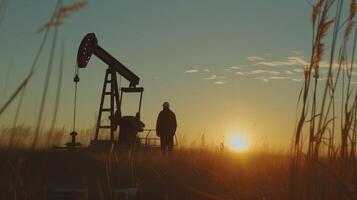 ai gerado pôr do sol óleo Extração, pumpjack trabalhador silhueta foto