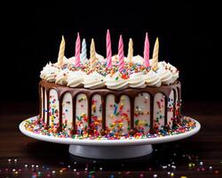 ai gerado celebração aniversário bolo com colorida borrifar foto