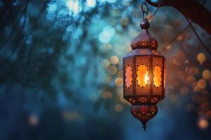 ai gerado eid Mubarak e Ramadã kareem saudações com islâmico lanterna e mesquita foto