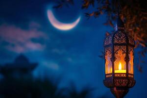 ai gerado islâmico lanterna com queimando vela e noite céu com minguante crecente lua foto