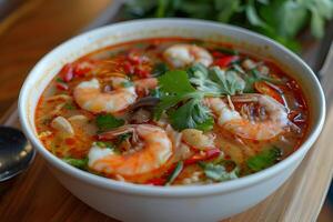 ai gerado tom yum goong, tailandês picante sopa com camarões. tomyam foto