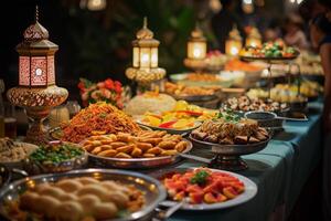 ai gerado Ramadã iftar bufê mesa configuração foto