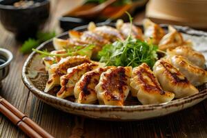 ai gerado grelhado gyoza dumplings servido em uma prato foto