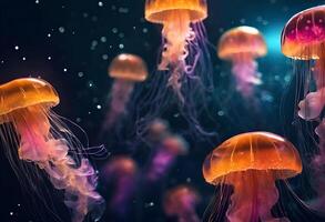 ai gerado medusa dentro a água medusa dentro a água embaixo da agua Visão do uma vermelho e branco medusa, colorida medusa flutuando dentro água foto