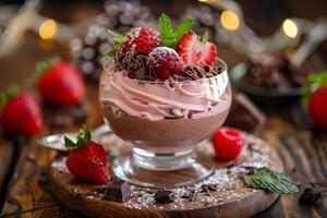 ai gerado chocolate mousse com bagas dentro uma vidro tigela em uma Sombrio fundo foto