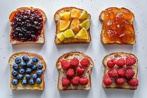 ai gerado Torradas com frutas geléia em cozinha mesa profissional publicidade Comida fotografia foto