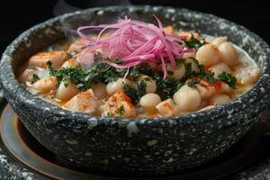 ai gerado pozole mexicano Comida dentro a cozinha mesa profissional publicidade Comida fotografia foto