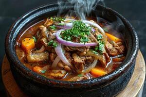 ai gerado pozole mexicano Comida dentro a cozinha mesa profissional publicidade Comida fotografia foto