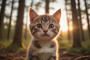 ai gerado cinematográfico humor dourado hora pôr do sol e adorável gatinho retrato gerado de ai foto