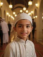 ai gerado capturando alegria cinematográfico retrato do uma feliz muçulmano criança gerado de ai foto