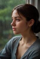 ai gerado sombrio chuvoso cena expressivo retrato do triste mulher de a janela foto