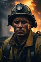 ai gerado coragem no meio caos, uma assustador retrato do uma bombeiro luta foto