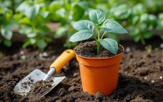 ai gerado jardinagem Ferramentas em a terra foto