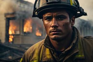 ai gerado coragem no meio caos, uma assustador retrato do uma bombeiro luta foto