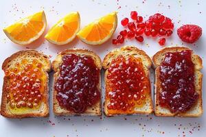 ai gerado Torradas com frutas geléia em cozinha mesa profissional publicidade Comida fotografia foto