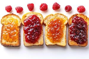 ai gerado Torradas com frutas geléia em cozinha mesa profissional publicidade Comida fotografia foto