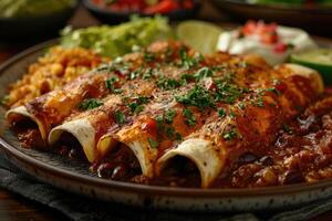 ai gerado enchiladas mexicano Comida dentro a cozinha mesa profissional publicidade Comida fotografia foto