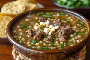 ai gerado pozole mexicano Comida dentro a cozinha mesa profissional publicidade Comida fotografia foto