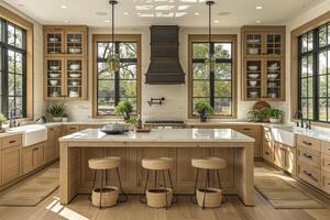 ai gerado interior Projeto do uma moderno casa de fazenda cozinha com de madeira armários e flutuando prateleiras estilo fotografia foto