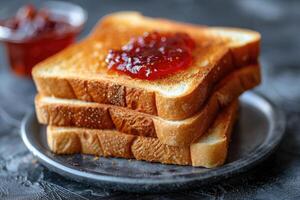 ai gerado Torradas com frutas geléia em cozinha mesa profissional publicidade Comida fotografia foto