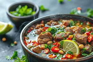 ai gerado pozole mexicano Comida dentro a cozinha mesa profissional publicidade Comida fotografia foto