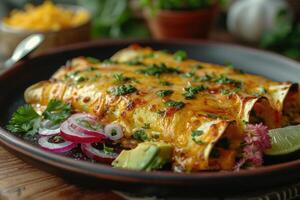 ai gerado enchiladas mexicano Comida dentro a cozinha mesa profissional publicidade Comida fotografia foto