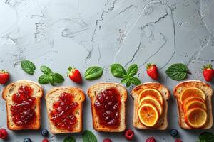 ai gerado Torradas com frutas geléia em cozinha mesa profissional publicidade Comida fotografia foto