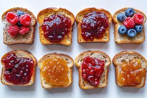 ai gerado Torradas com frutas geléia em cozinha mesa profissional publicidade Comida fotografia foto