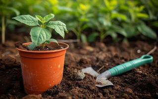 ai gerado jardinagem Ferramentas em a terra foto