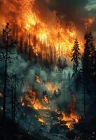 ai gerado floresta fogo queimando através pinho floresta foto