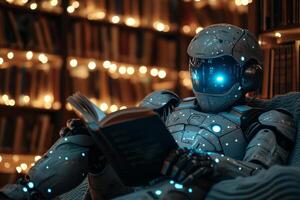 ai gerado robô lendo livro dentro Sombrio biblioteca às noite foto