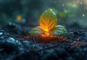 ai gerado jovem plantar crescendo dentro a manhã luz e Sombrio fundo foto