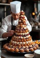 ai gerado chefe de cozinha decoração bolo com fresco frutas e creme foto