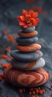ai gerado zen pedras e laranja flor em Sombrio fundo foto
