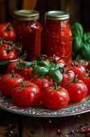 ai gerado fresco tomates e manjericão em prato foto